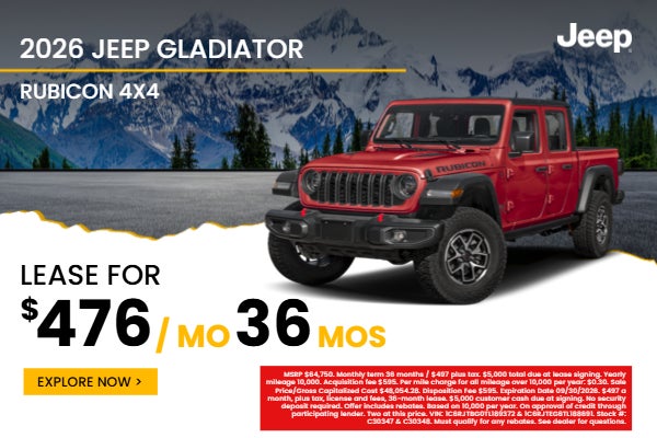 Lease a new 2026 Jeep Gladiator Rubicon 4x4 for $497 per mon