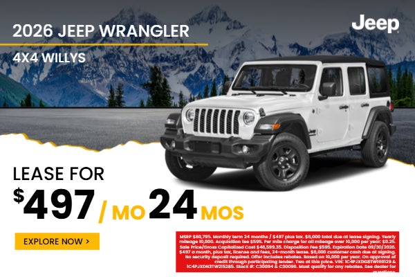Lease a new 2026 Jeep Wrangler 4x4 Willys for $497 per month