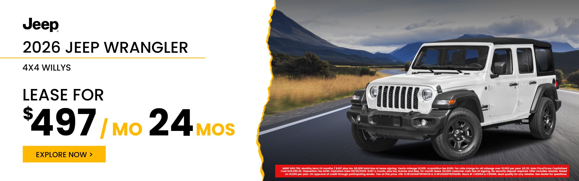 Lease a new 2026 Jeep Wrangler 4x4 Willys for $497 per month