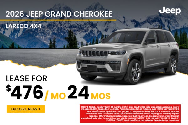 Lease a new 2026 Jeep Grand Cherokee Laredo 4x4 for $476 per