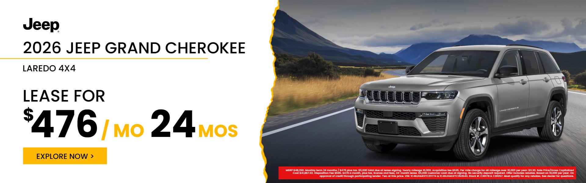 Lease a new 2026 Jeep Grand Cherokee Laredo 4x4 for $476 per